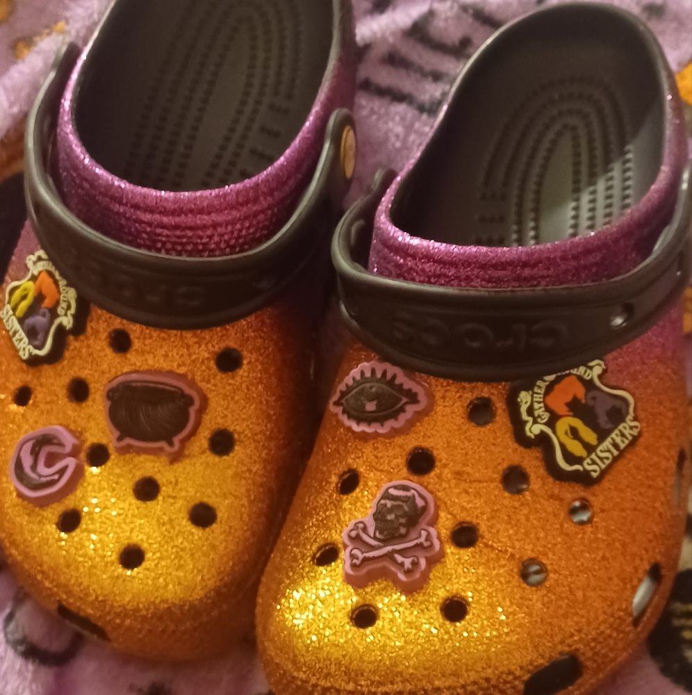CROCS Orange and Purple Sandals with Glittery Finish